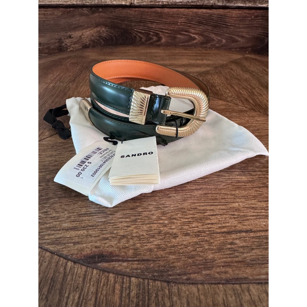 Sandro Paris Eve Leather Belt Vert Bouteille Green Gold Buckle Size 1 SFACE00410